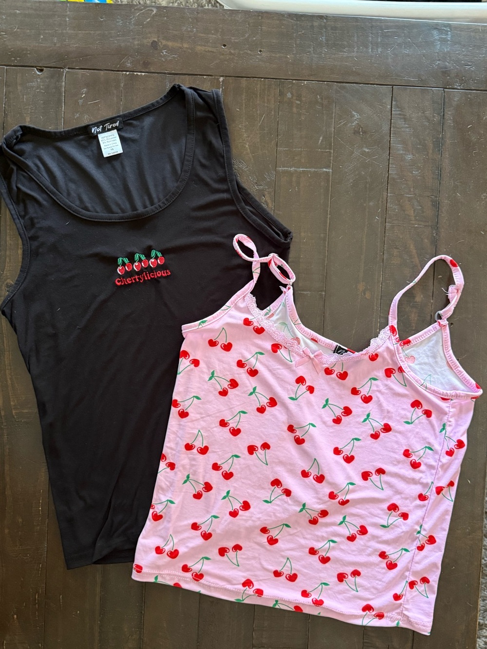 Cherry Print Pink Cami & Black Cherry Embroidered Tank Duo